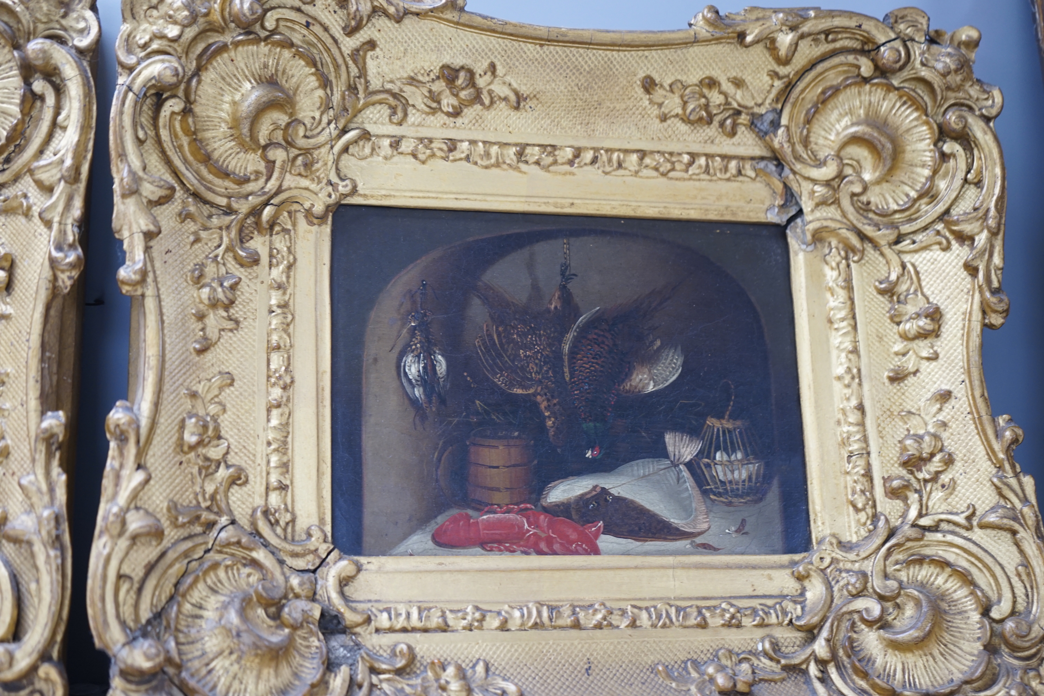 Benjamin Blake (1757-1832), pair of oils on canvas, Hanging game, gilt framed, 14 x 19cm